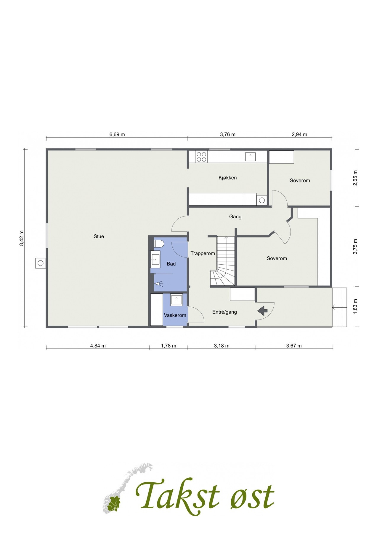 Vi starter i boligens 1. etasje. Plantegning av etasjen. Galleribilde