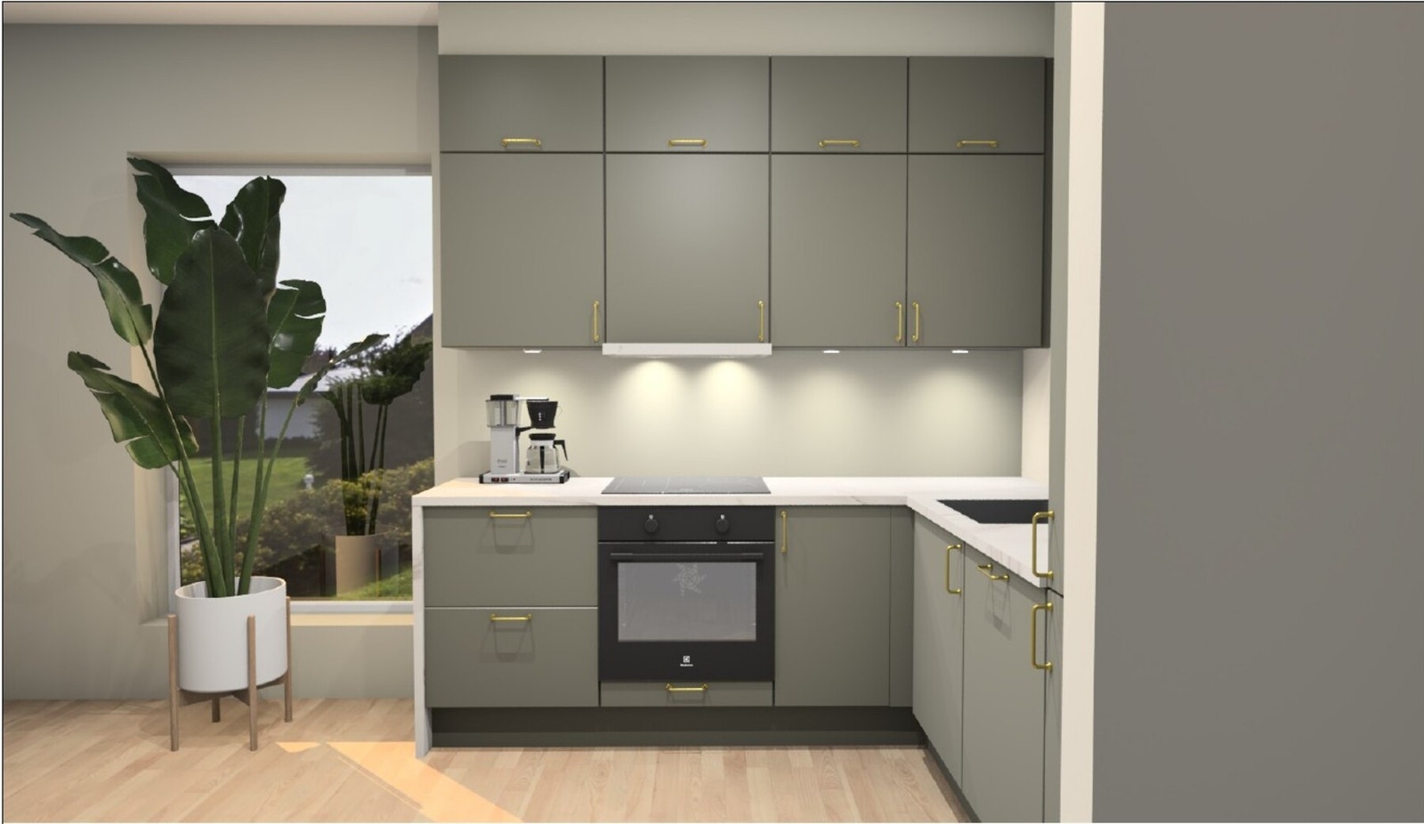 Kjøkkenet leveres i farge mosegrønn med messing håndtak. Avvik vil forekomme Galleribilde