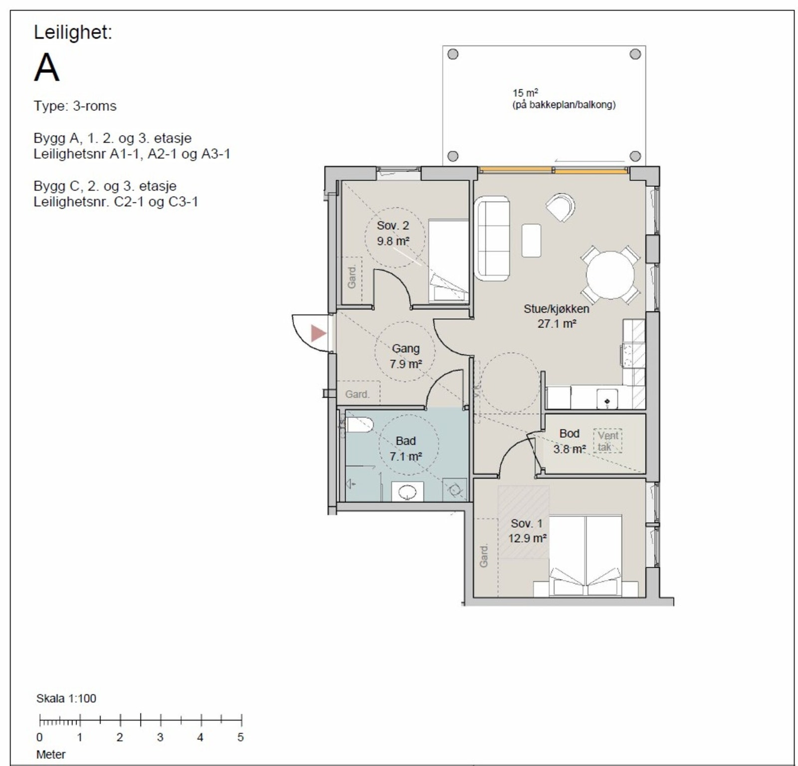 Leiligheten ligger i bygg A, 2.etasje, vendt mot bakplass. Gode solforhold på ettermiddag Galleribilde