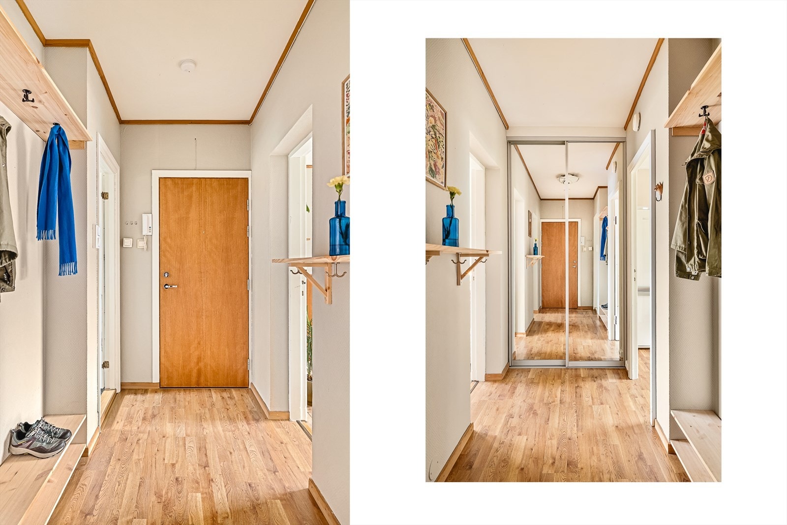 Velkommen inn! En romslig gang med god plass til oppheng av yttertøy og plassering av sko ønsker deg velkommen hjem. Dørtelefon med portåpner slipper enkelt gjestene inn. Galleribilde