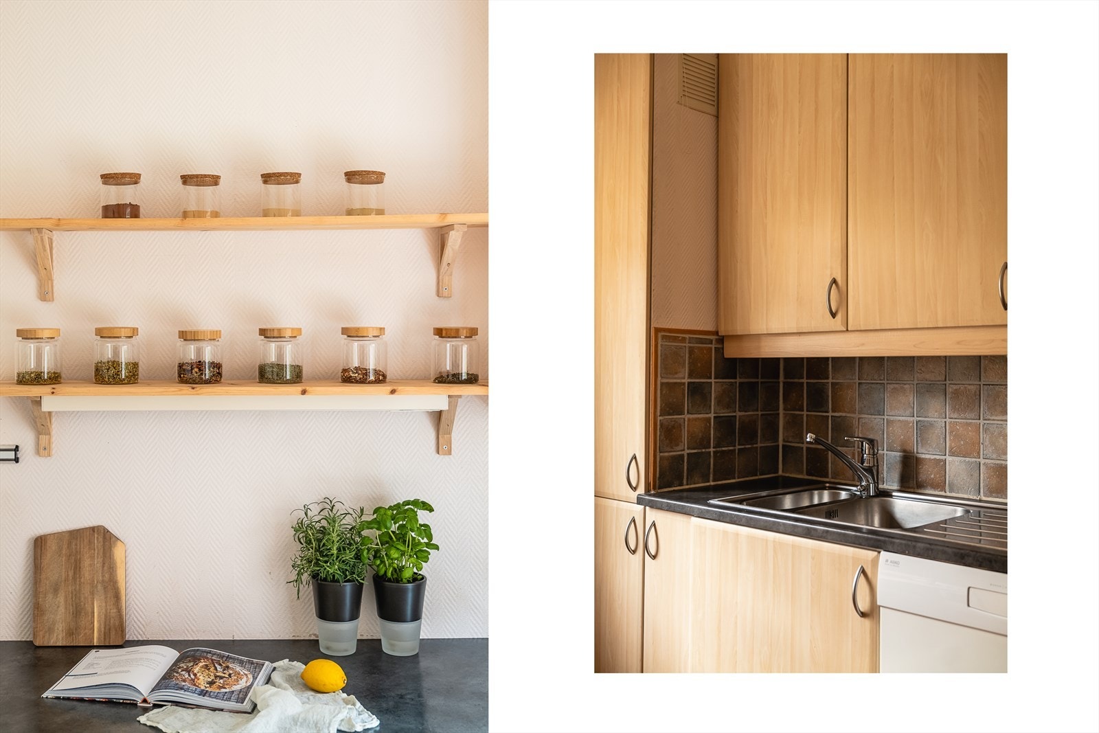 Fliser over benkeplate og funksjonelle hyller på vegg. Galleribilde