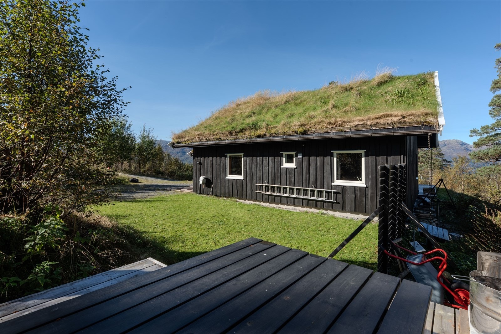 Sittegruppe på baksiden av hytta/hjørnet av tomt. Galleribilde