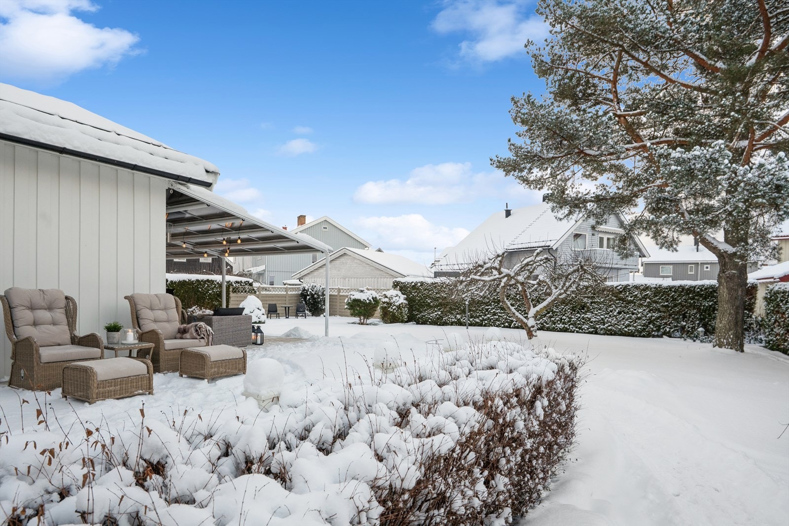 Hagen er pent opparbeidet med plen, hekk og beplantning. Galleribilde