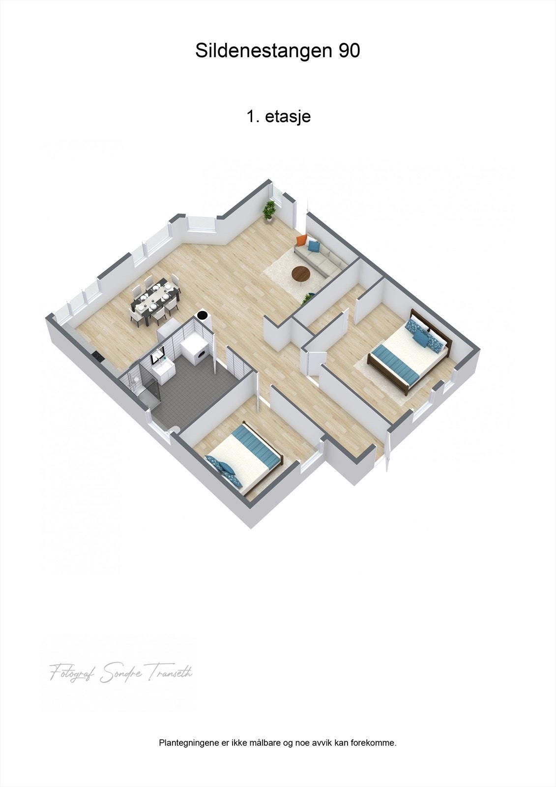 Planløsning 1.etg.: Entre/mellomgang, hovedsoverom med tilkomst til en walk-in garderobe, soverom 2, bad/vaskerom, samt åpen stue/kjøkkenløsning med tilkomst til terrasse/uteområde.
I tillegg medfølger det parkeringsplass i carport, samt ekstern bod. Galleribilde