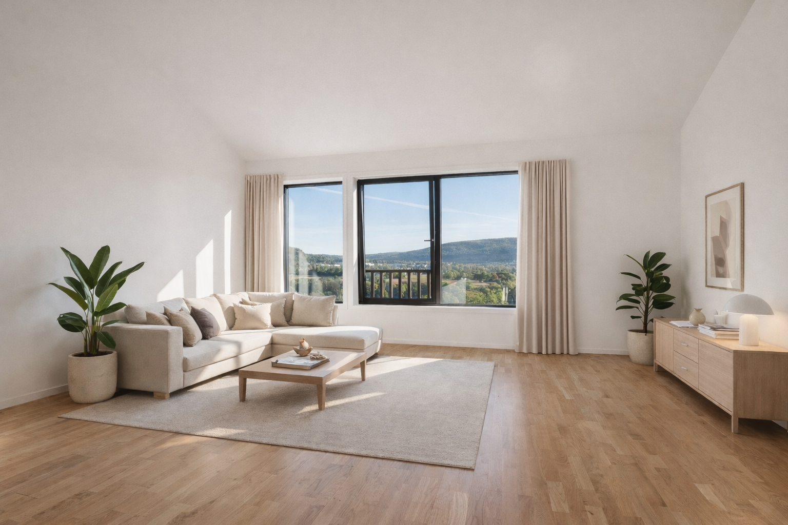 Stuen har nydelig utsikt og ekstra høyde under taket. Møblert ved hjelp av AI, avvik kan forekomme. Galleribilde