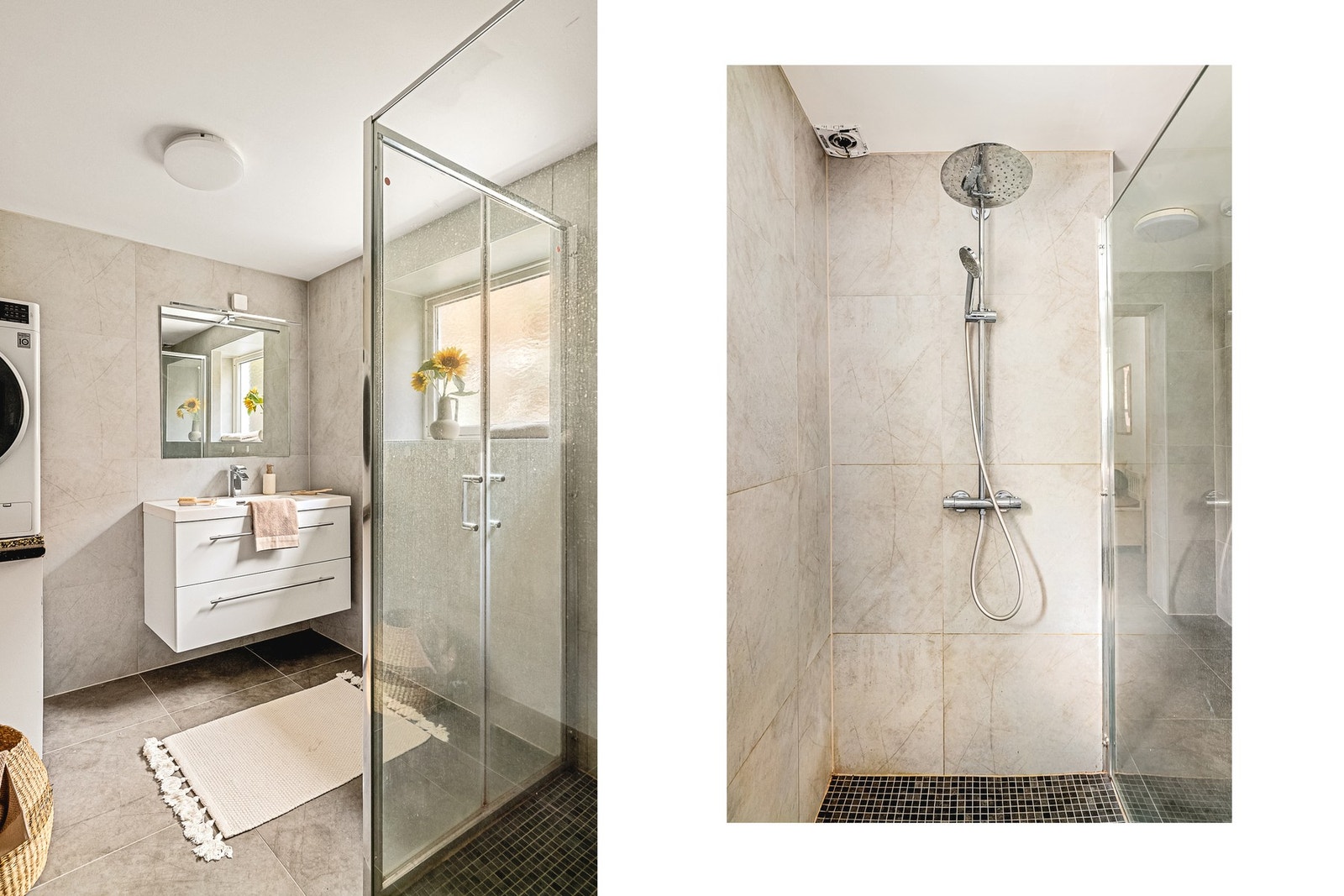 Badet inneholder vegghengt toalett, helstøpt servant, skuffer under servant med slette fronter, og dusjdører i klart glass. Galleribilde