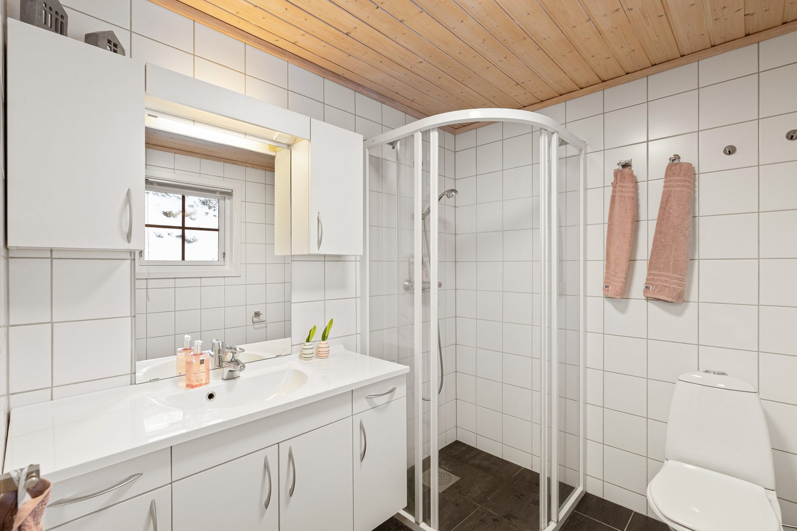 Solide og pene baderomsmøbler, dusjkabinett og toalett Galleribilde