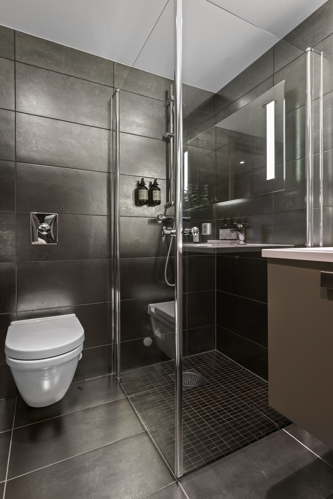 Vegghengt toalett og dusjdører med et rent, moderne uttrykk. Galleribilde