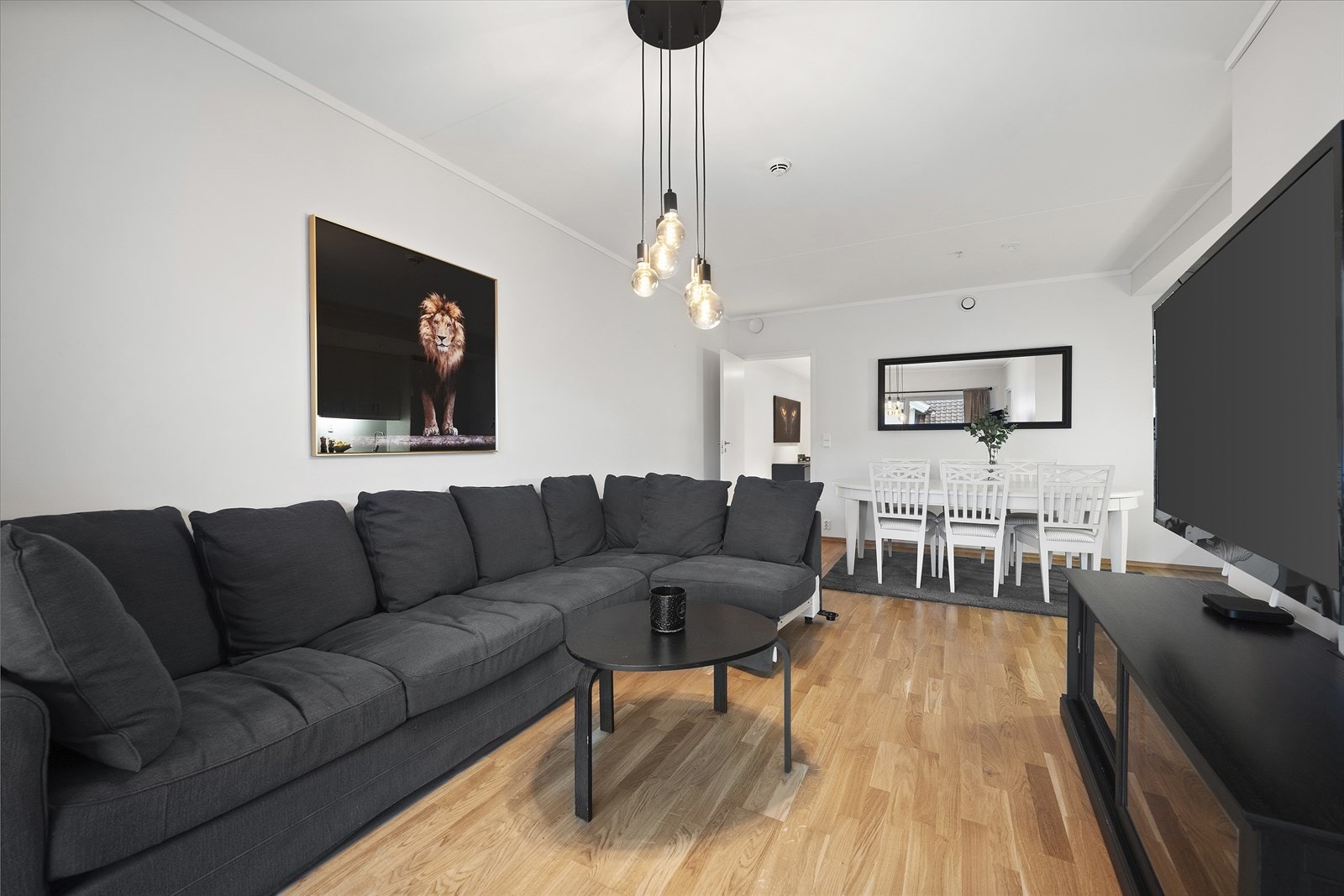 God plass til en romslig sofagruppe og stort spisebord. Galleribilde