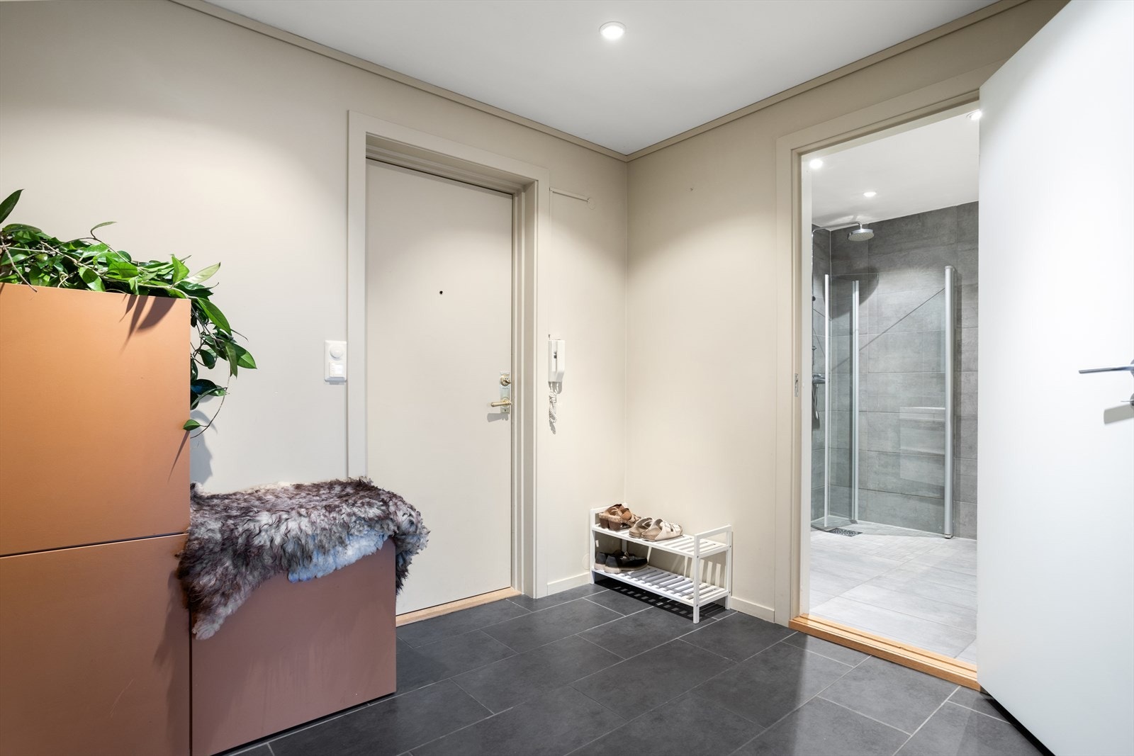 Entréen er flislagt og har god plass til garderobeløsninger Galleribilde