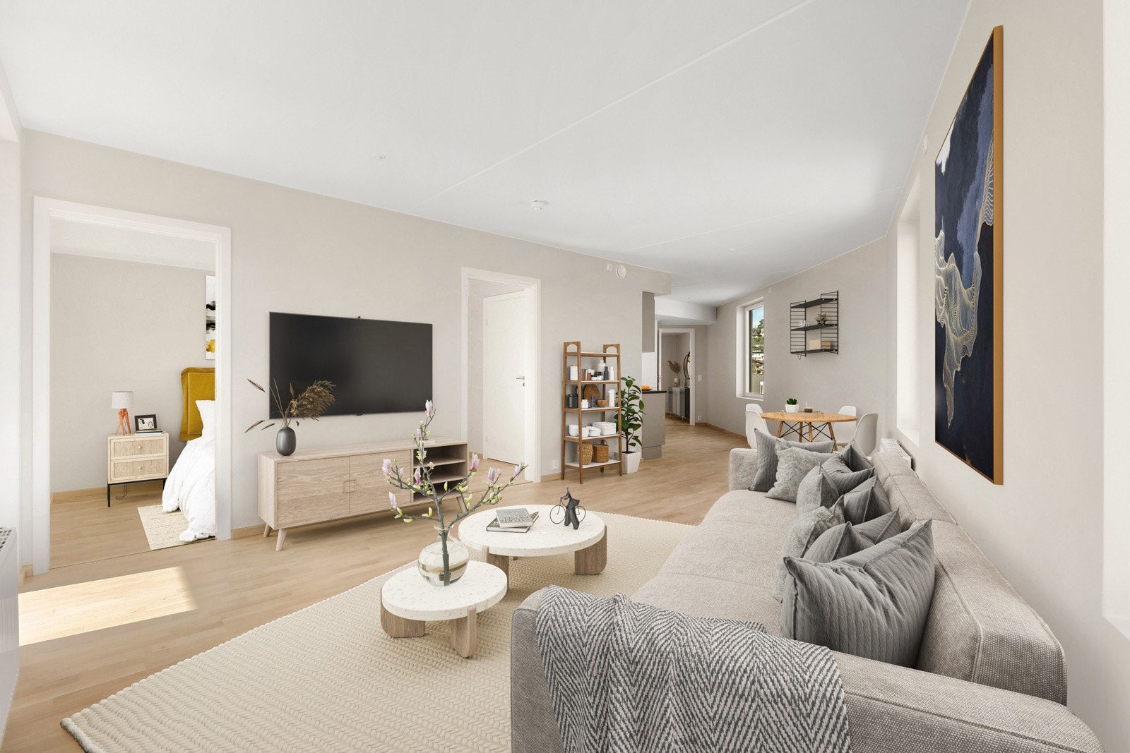 Stuen er et innbyende og lyst rom med lekker parkett på gulv, og slette vegger malt i lyse delikate fargetoner. Bildet er virtuelt møblert. Galleribilde