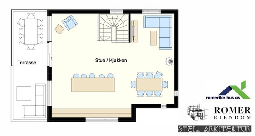 Plantegning 2. etasje. Stor og åpen etasje. Det er enkelt å bytte om møbleringen slik at du får akkurat den løsningen du ønsker. Galleribilde