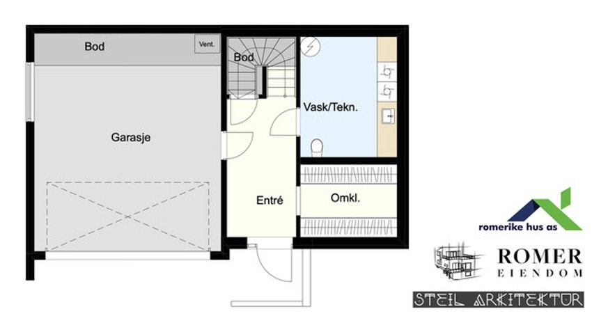 Plantegning underetasje. Direkte adkomst fra garasje inn i huset, stor garderobe og praktisk vaskerom. Galleribilde