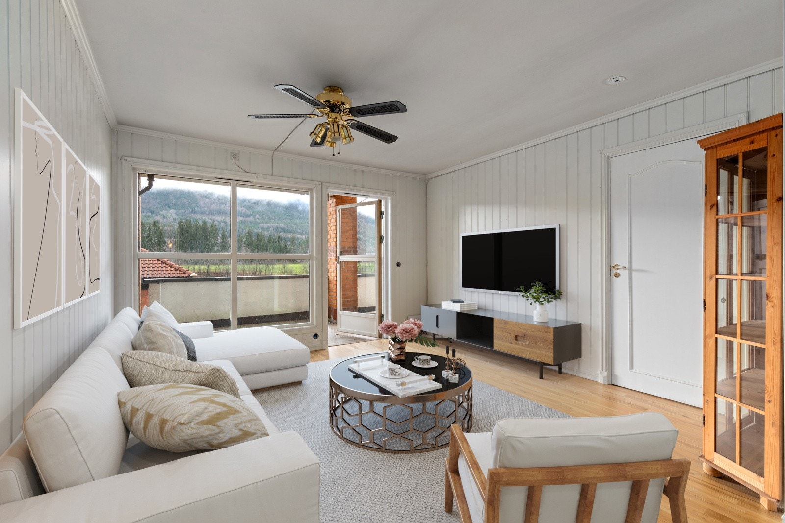 Digitalt stylet bilde av stuen. Store åpne flater som slipper inn godt med lys. Galleribilde