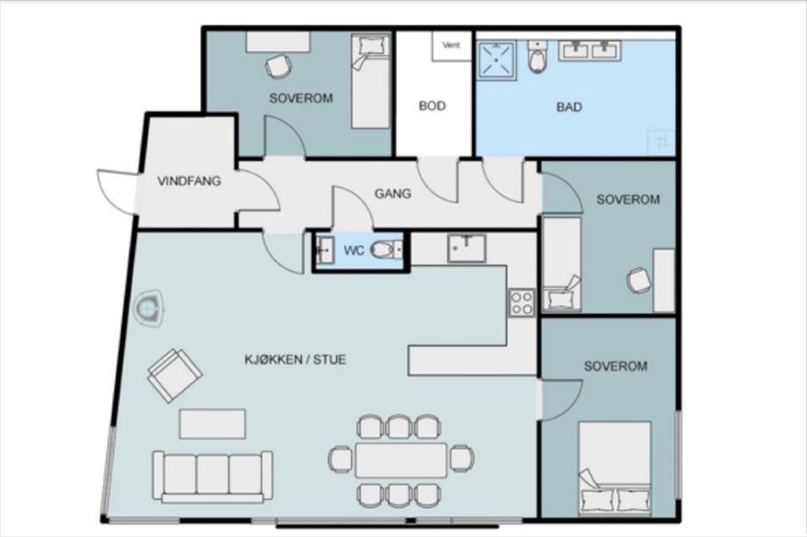 Plantegning. Leiligheten har sørvestvendt markterrasse, samt tilhørende kjellerbod. Galleribilde