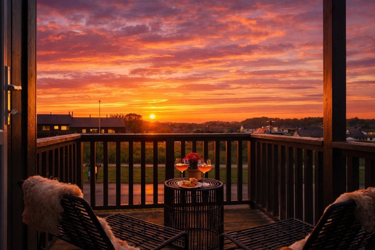 Fra kjøkkenet kan du sige sømløst ut til leilighetens solrike balkong. (Redigert solnedgangsbilde) Galleribilde