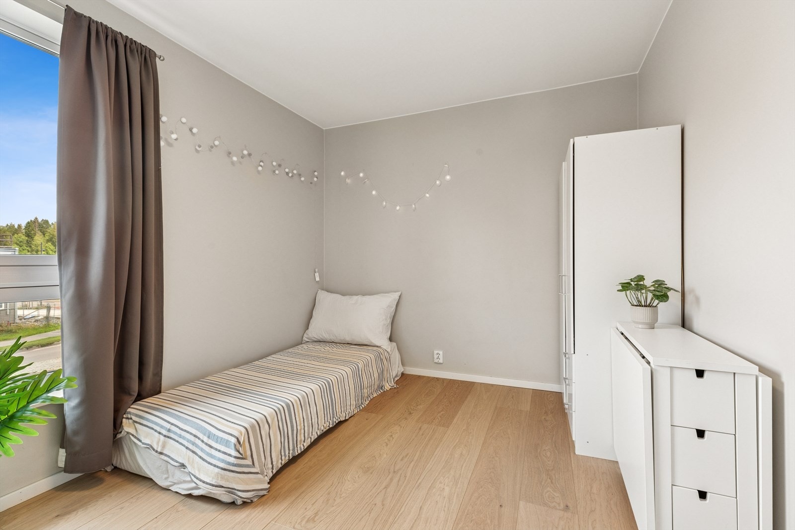 Allrommet i hybelen med kombinert kjøkkenstuesoveplass. Galleribilde