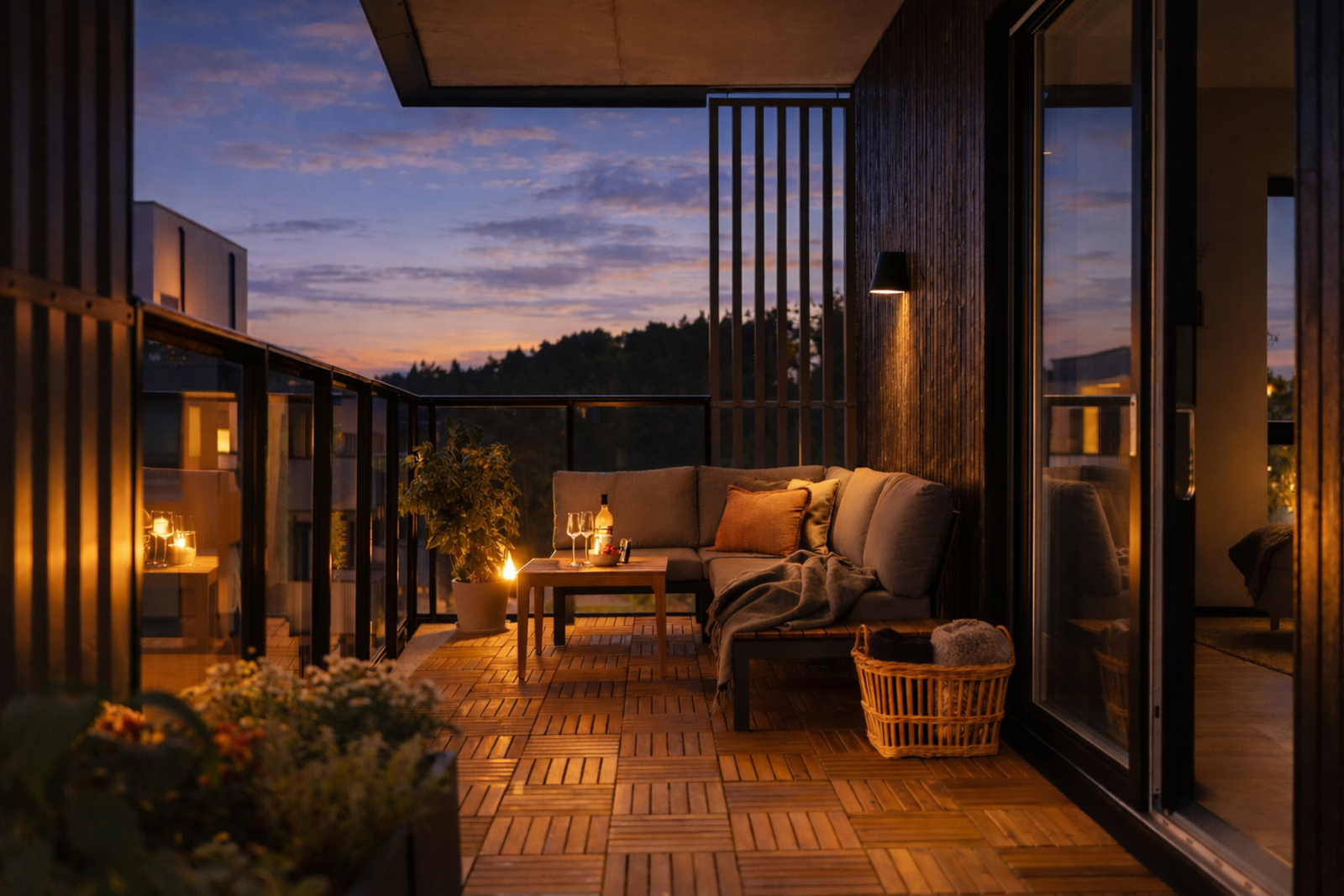 Leiligheten har en vestvendt, overbygget balkong på ca. 19 kvm (Bildet er AI redigert fra dag til kveld) Galleribilde