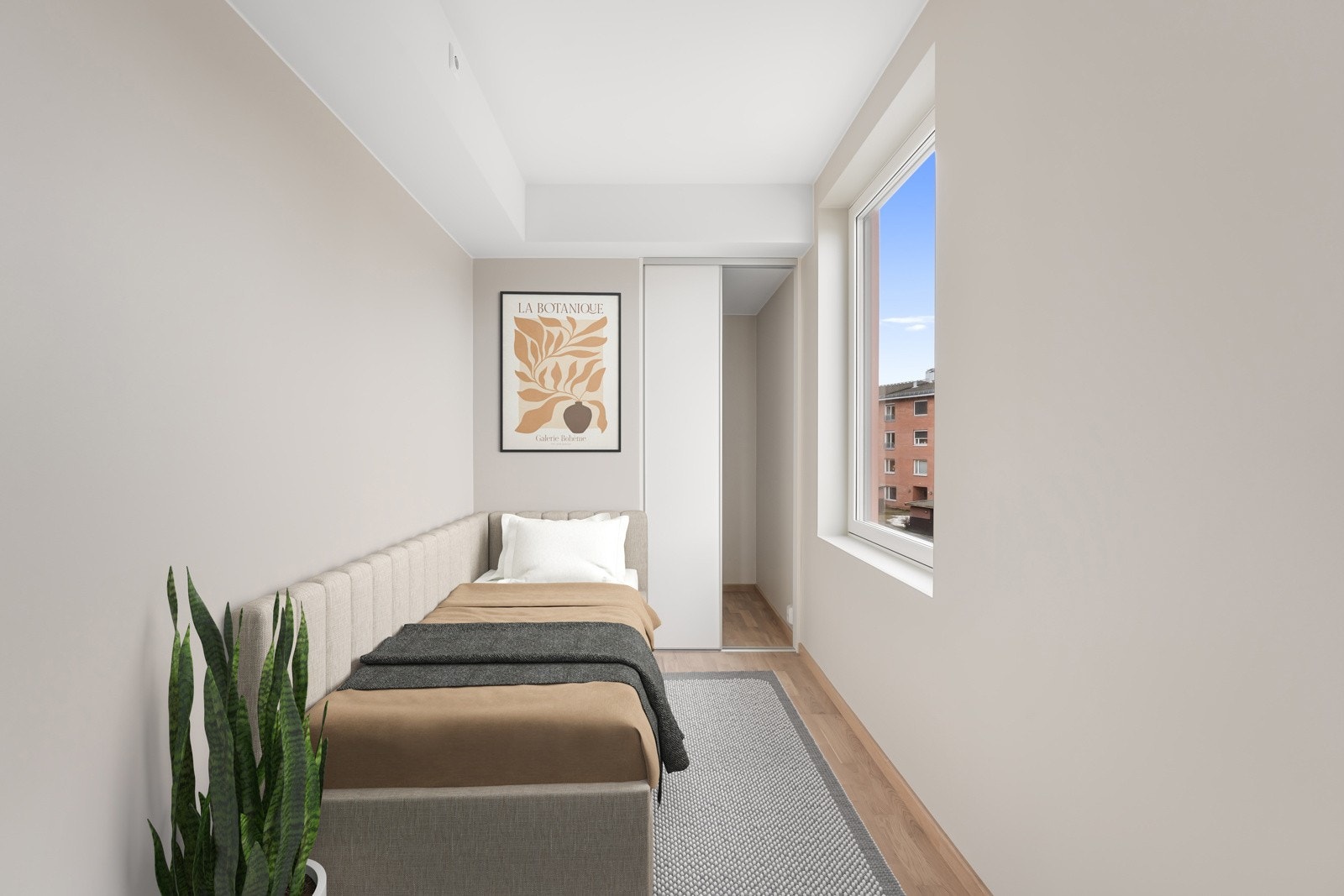 Soverom nummer to er lyst og innbydende, med mye naturlig lysinnslipp. Bildet er virtuelt møblert. Galleribilde