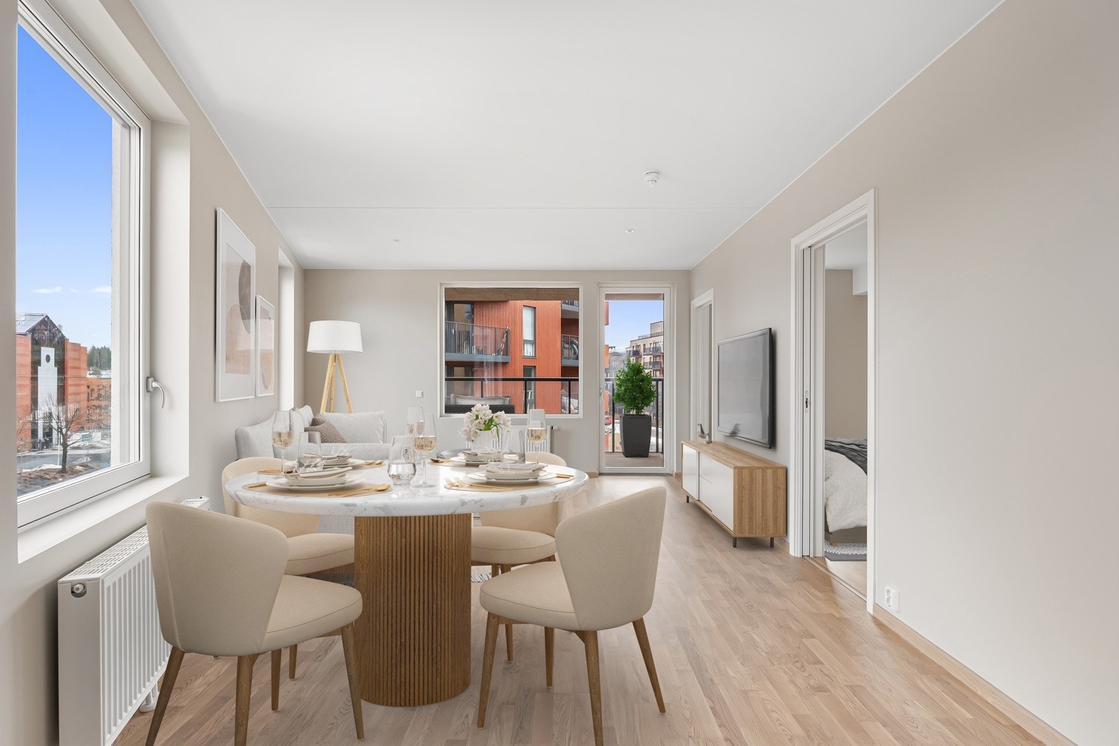 Velkommen til Tunveien 2 . En ny, lekker og innbydende 3-roms i moderne bygg fra 2025. Bildet er virtuelt møblert. Galleribilde