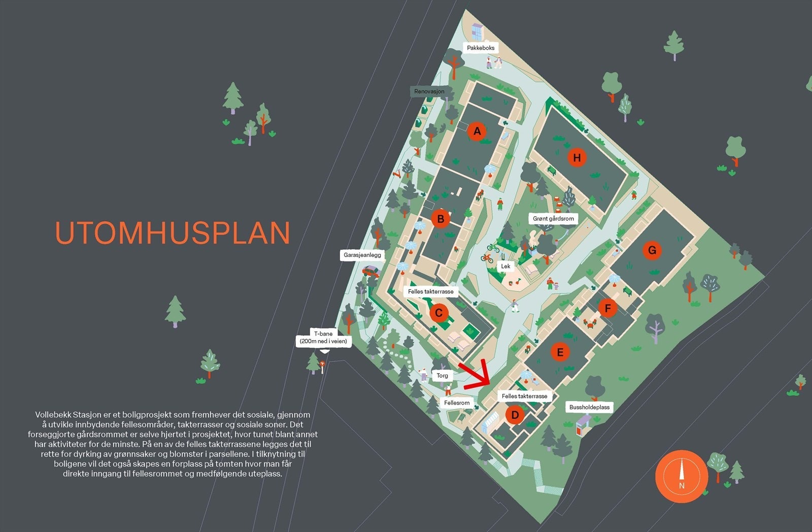 Utomhusplan - Leilighetens interne beliggenhet markert med rød pil Galleribilde