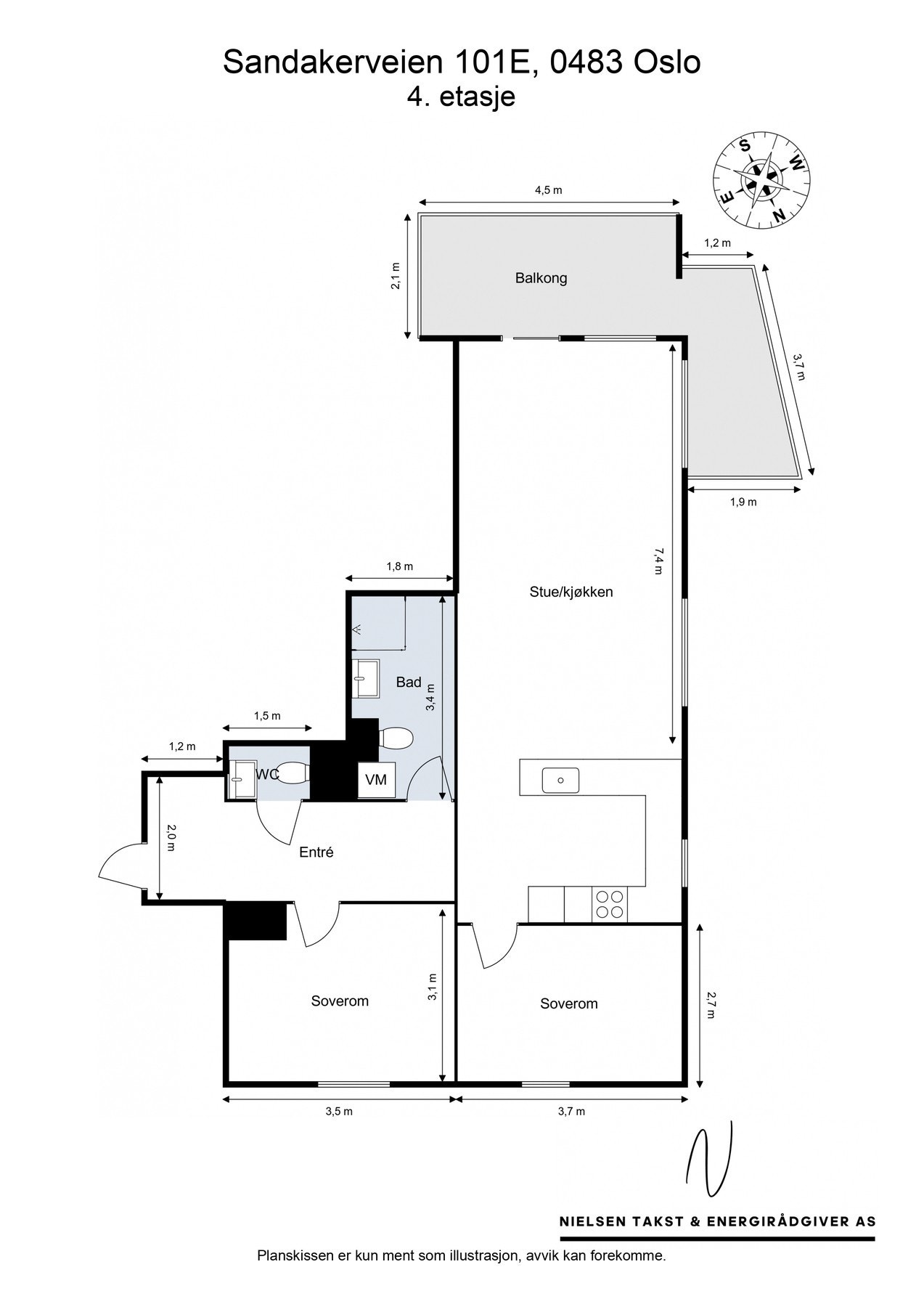 Planløsningen er god, med store rom, en luftig og åpen sosial sone og balkong mot syd og vest på to fasader. Galleribilde