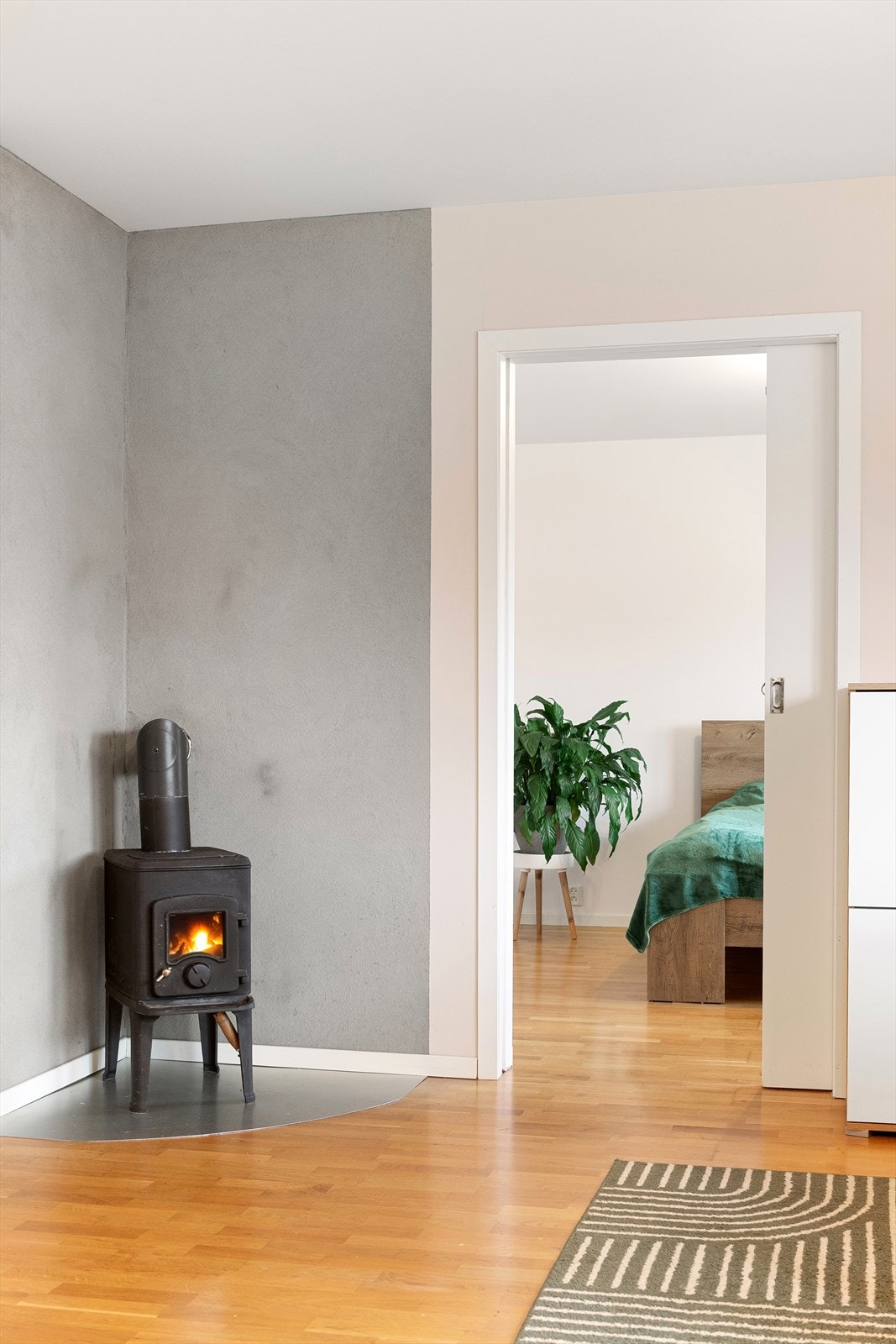 Vedovn med glassdør i stuen som gir en lun og hyggelig atmosfære på kjølige dager Galleribilde