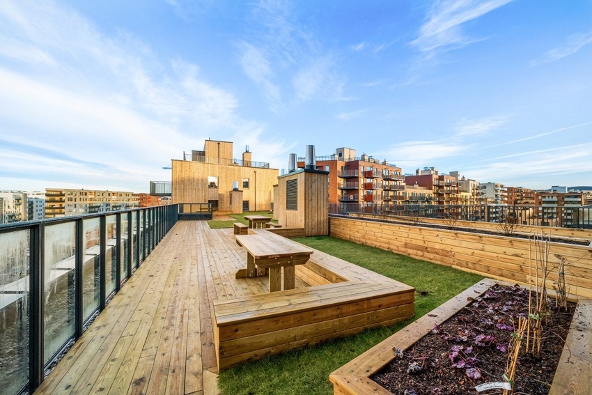 Alle byggene i Lørenskog Hageby har flotte, solrike felles takterrasser. Galleribilde