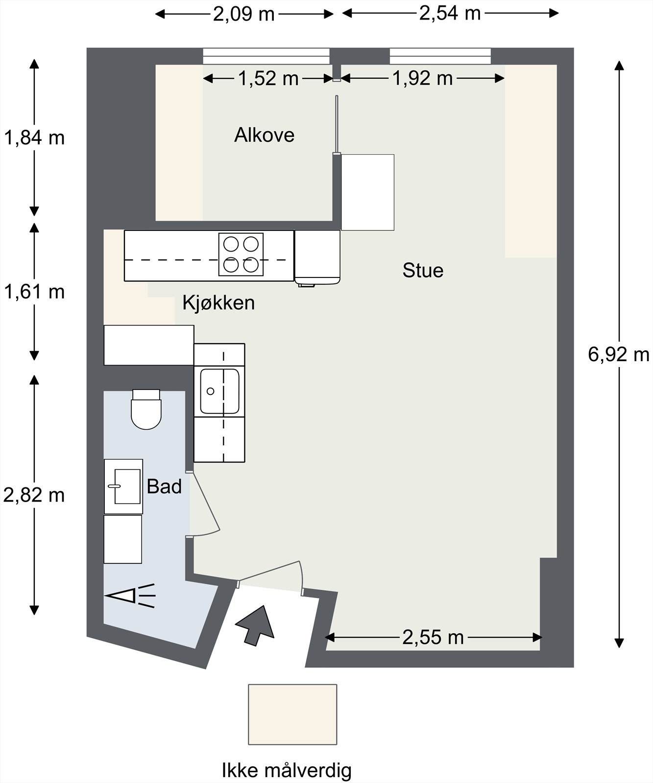 Plantegning - Legg merke til at den sosiale delen av boligen er beholdt så stor som mulig. Galleribilde