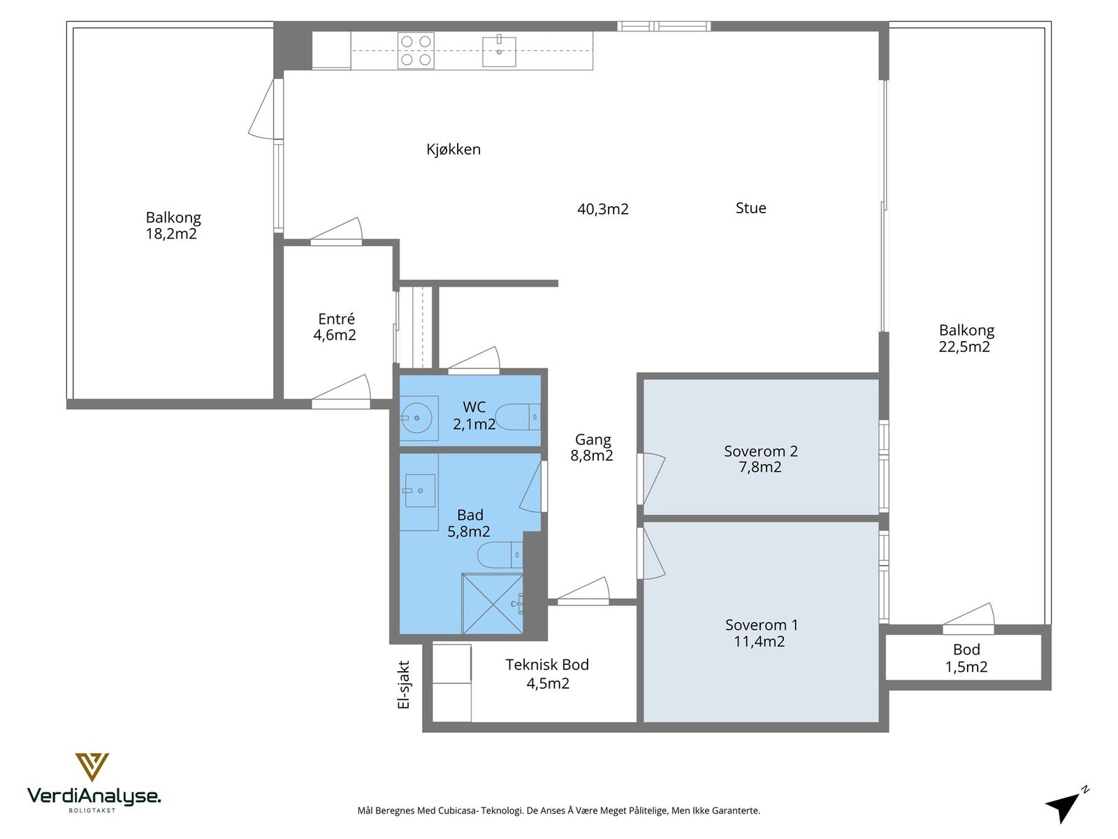 Planskisse. En av få leiligheter på Grilstad med denne planløsningen og ekstra store balkonger. Galleribilde