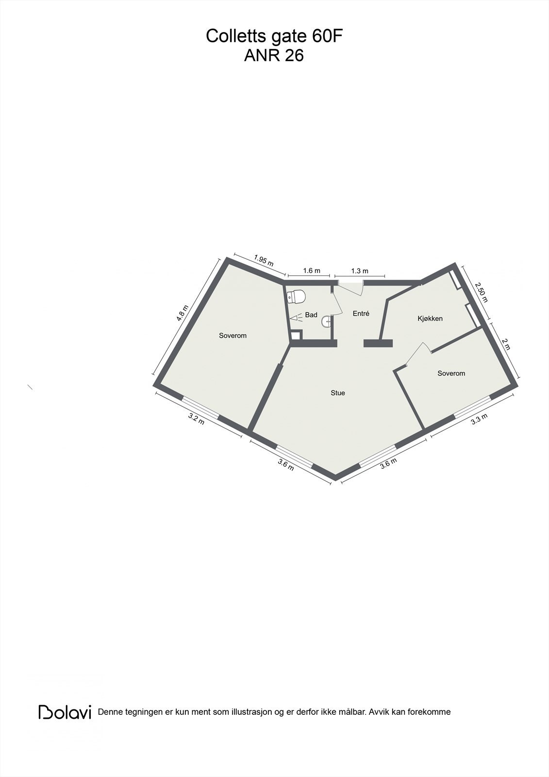 Leiligheten ligger i 3. etasje og inneholder entré, bad, kjøkken, 2 soverom og stue. I tillegg disponerer leiligheten 2 kjellerboder og 1 loftsbod. Galleribilde