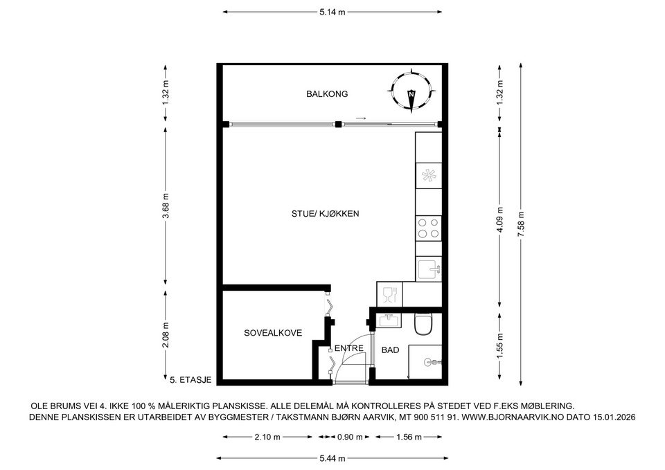 Planløsningen viser en arealeffektiv leilighet med åpen stue- og kjøkkenløsning, sovealkove, entré og bad. Galleribilde