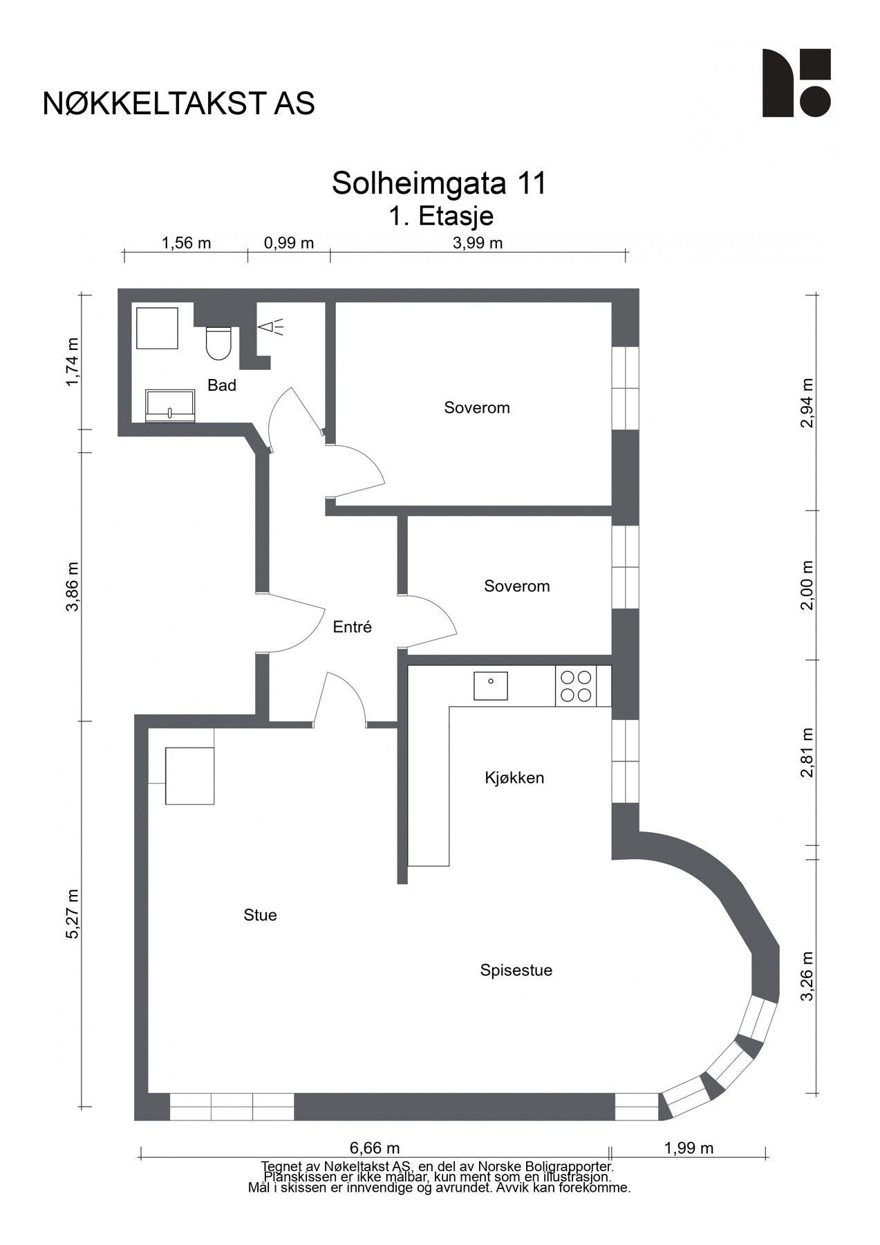 Planskisse, høy 1.etg, BRA-i 75 kvm: Entré, stue/spisestue, kjøkken, to soverom og baderom. Galleribilde