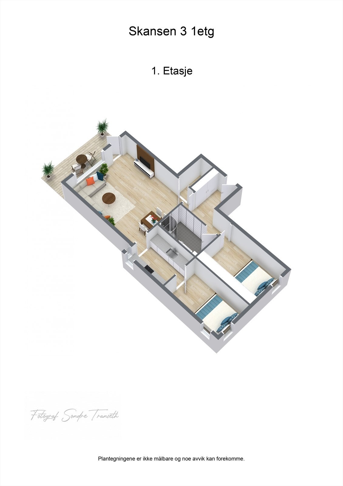 Planløsning 1.etg.: entre, mellomgang, stue/spisestue med tilkomst til terrasse, innvendig bod, kjøkken, soverom 1, soverom 2, samt bad/vaskerom. I tillegg medfølger det parkeringsplass og bod i byggets underetg. Galleribilde