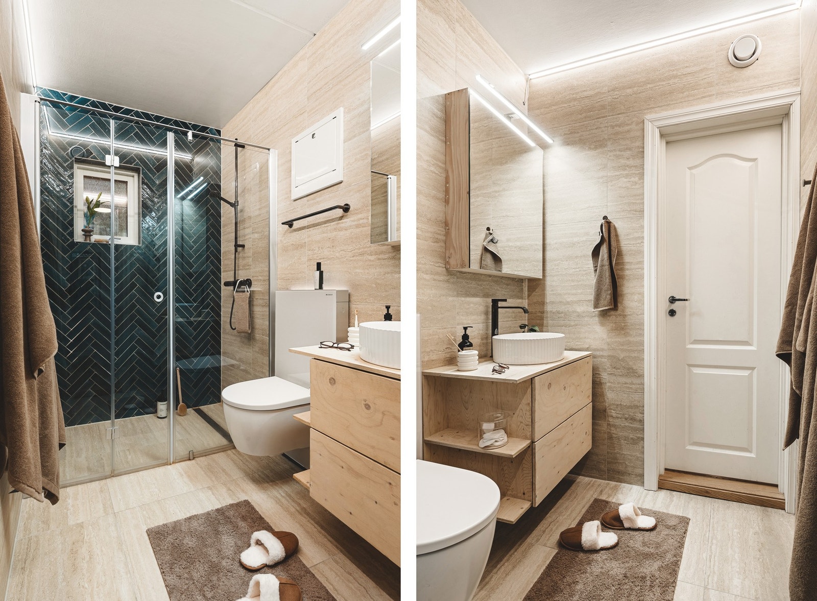 Her får du et helt nytt bad med varmekabler i gulv og helflisede flater i moderne farger. Galleribilde