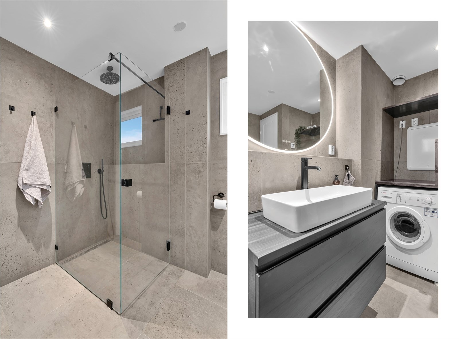 Nisje med regndusj og stilren innredning med toppmontert vask Galleribilde