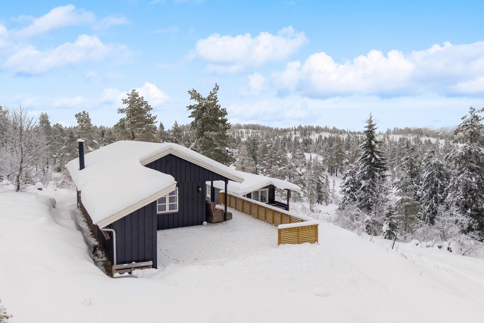Terrassen gir utsikt over et naturskjønt område med skog og fjell. Galleribilde
