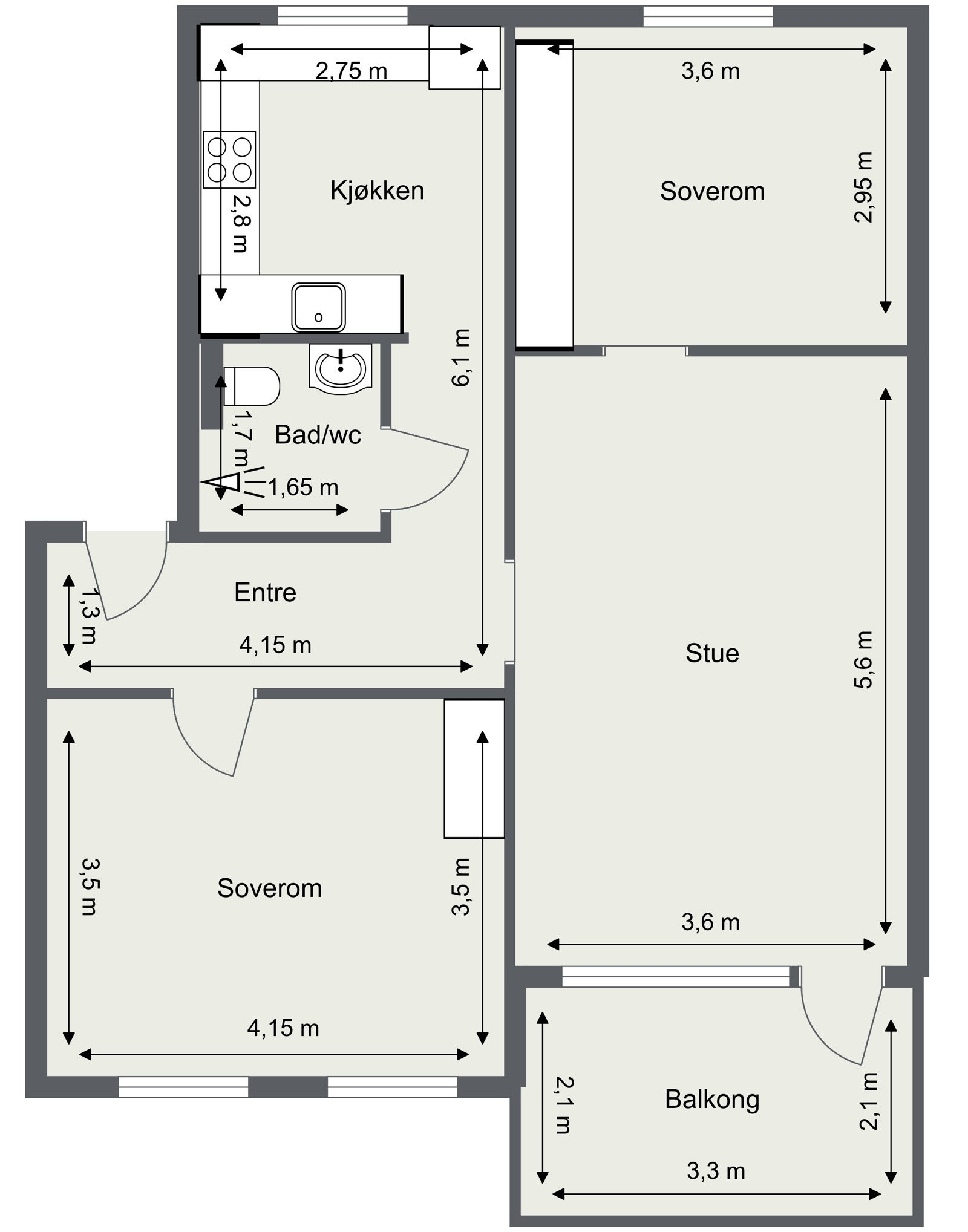 Alternativ planløsning med 2 større soverom. Galleribilde