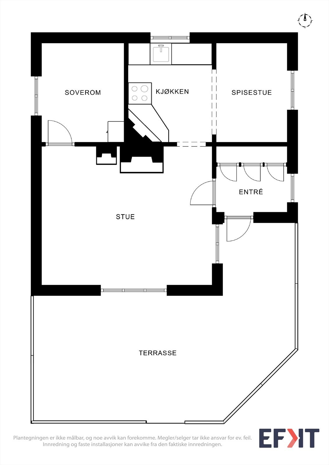 Tømmerhytte over ett plan med romslig og delvis overbygget terrasse. Galleribilde