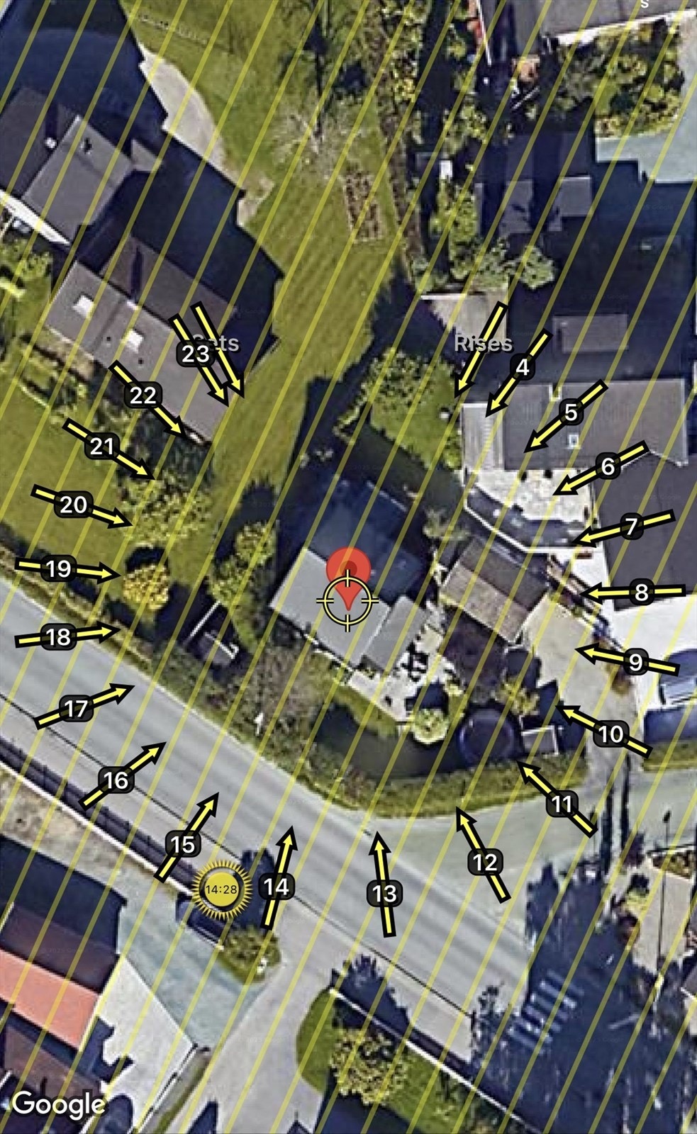 Solkartet illustrerer hvor på eiendommen solen treffer gjennom dagen. Galleribilde