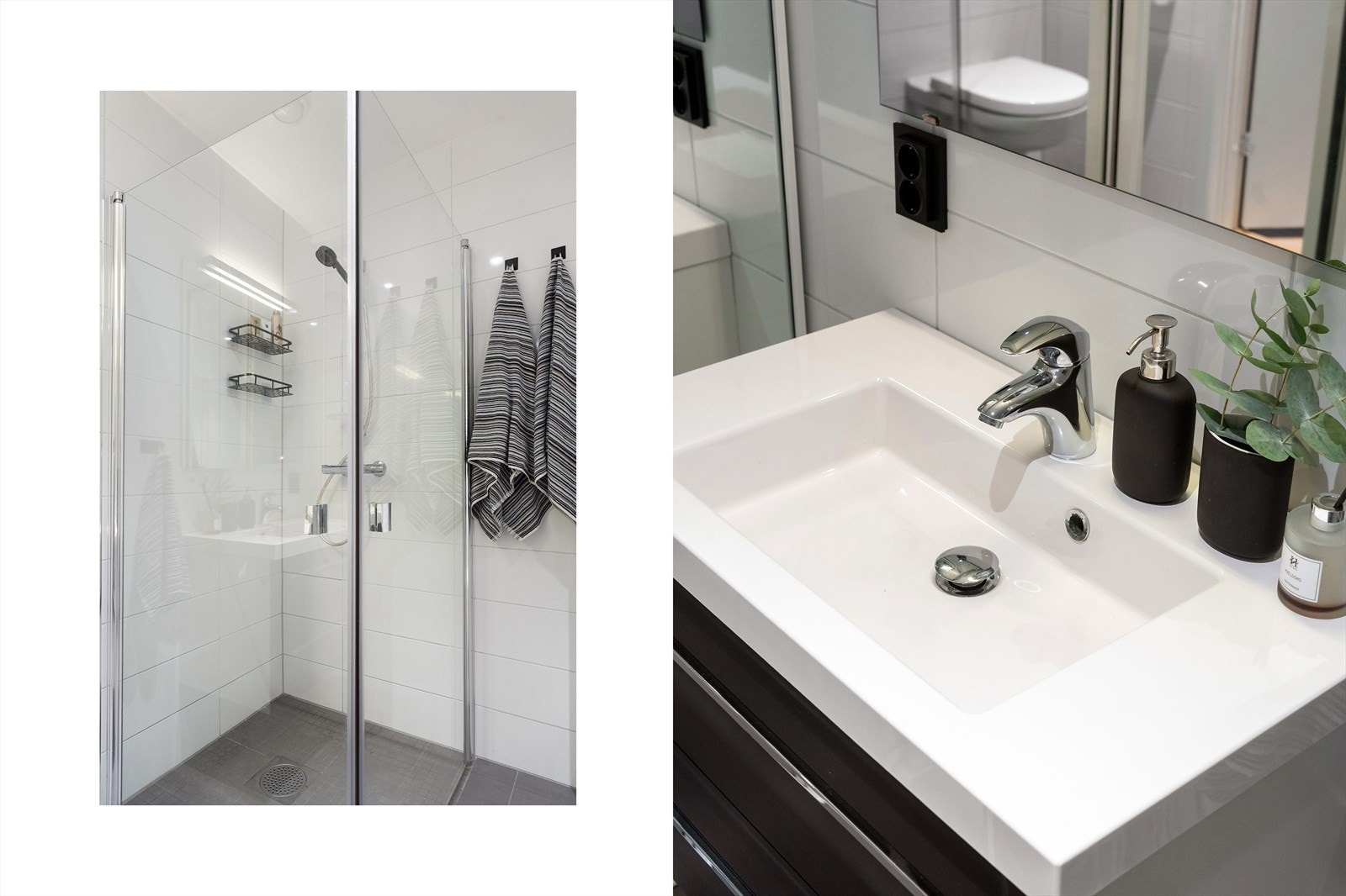 Badet er utstyrt med sort baderomsinnredning med skuffer, vegghengt toalett og dusjnisje med glassdører. Vaskemaskin og varmtvannstank er skjult bak skyvedører med speil Galleribilde