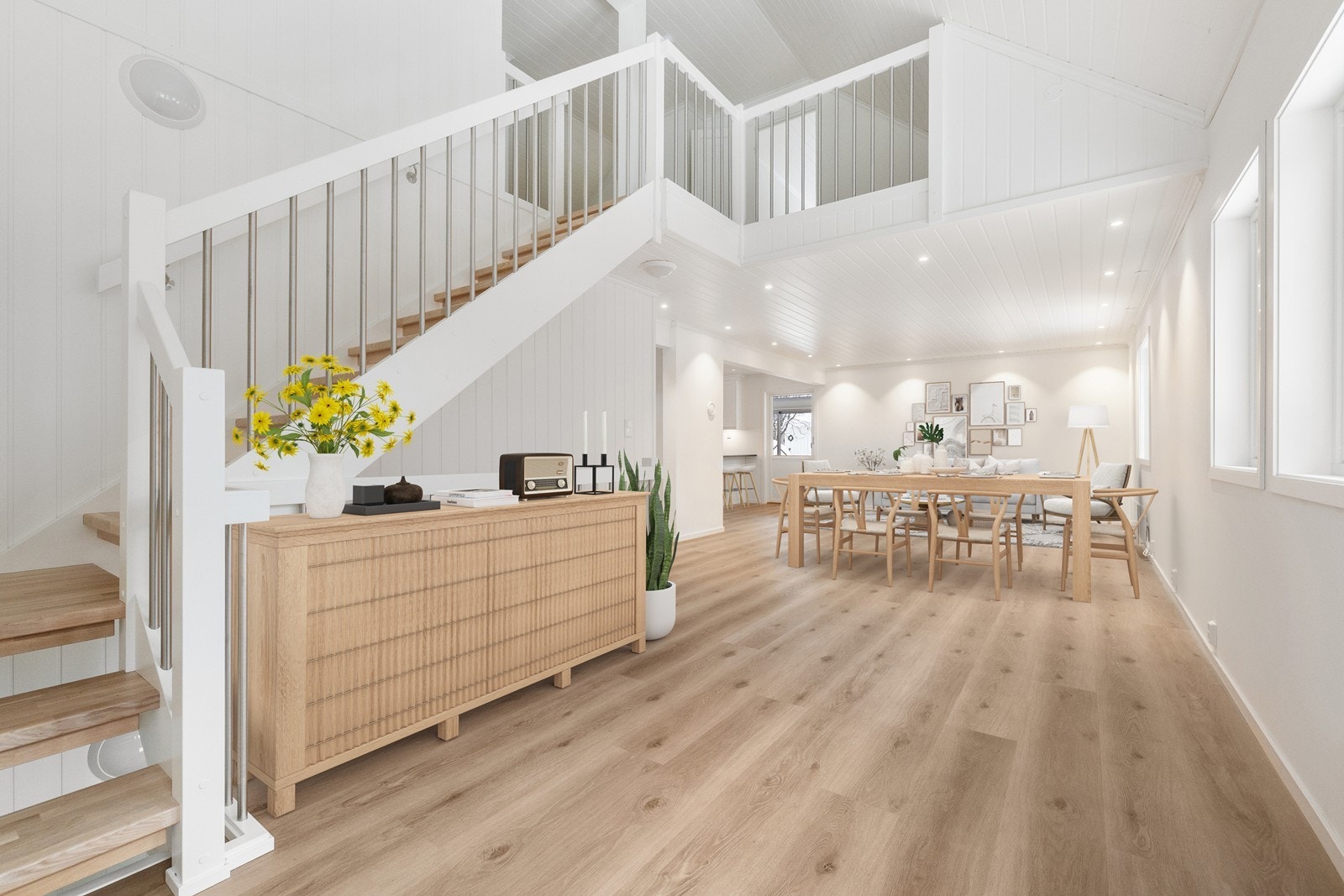 I stuen er det god plass til møblering i soner. (Bildet er digitalt stylet) Galleribilde