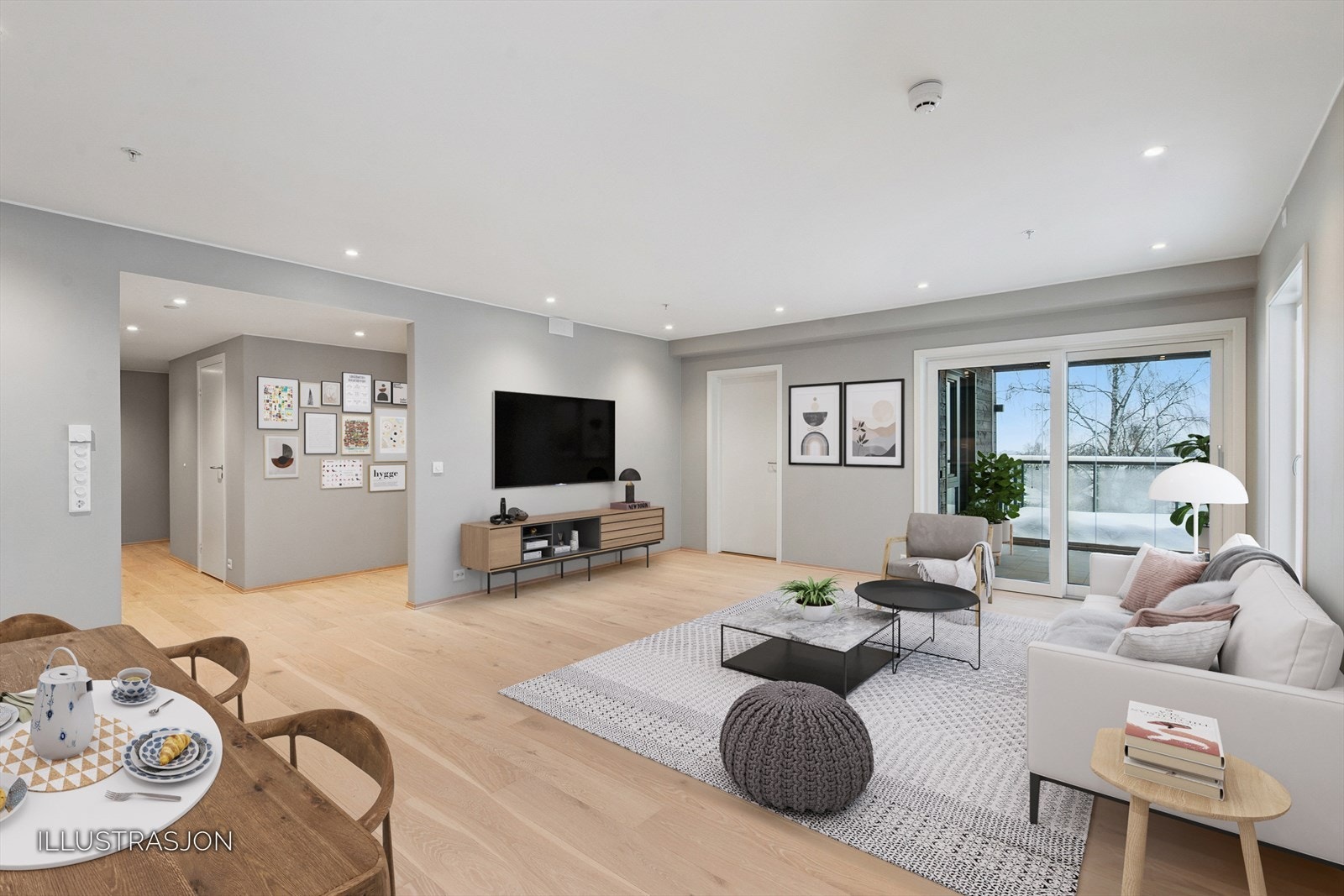 En sosial og åpen stue- og kjøkkenløsning hvor du kan nyte den flotte utsikten til Mjøsa og omkringliggende områder i flere retninger. Galleribilde