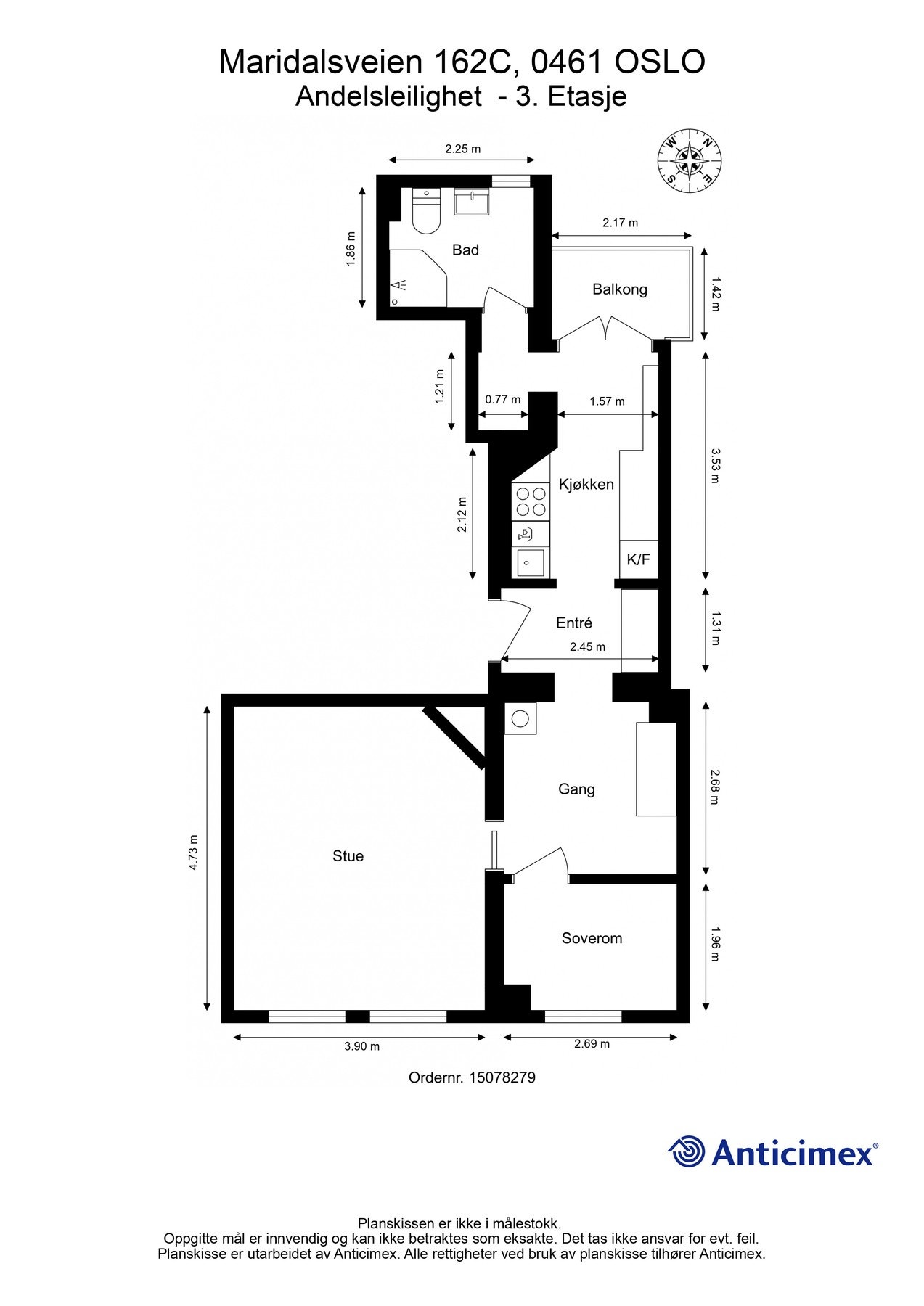 Leiligheten består av entré, soverom, stue, kjøkken, gang, bad. Galleribilde