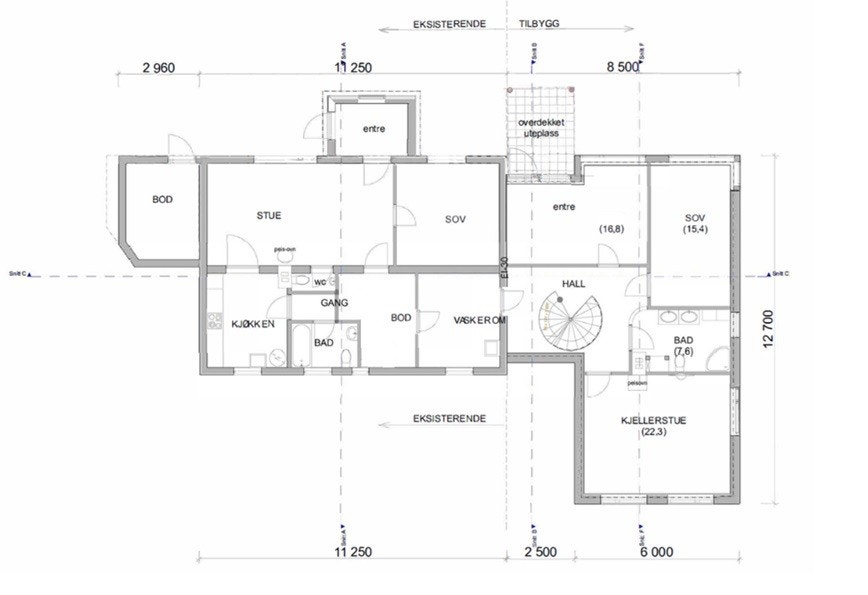 Alternativ planløsning med entré der det ene soverommet er i dag. Her er det allerede en dør. Galleribilde