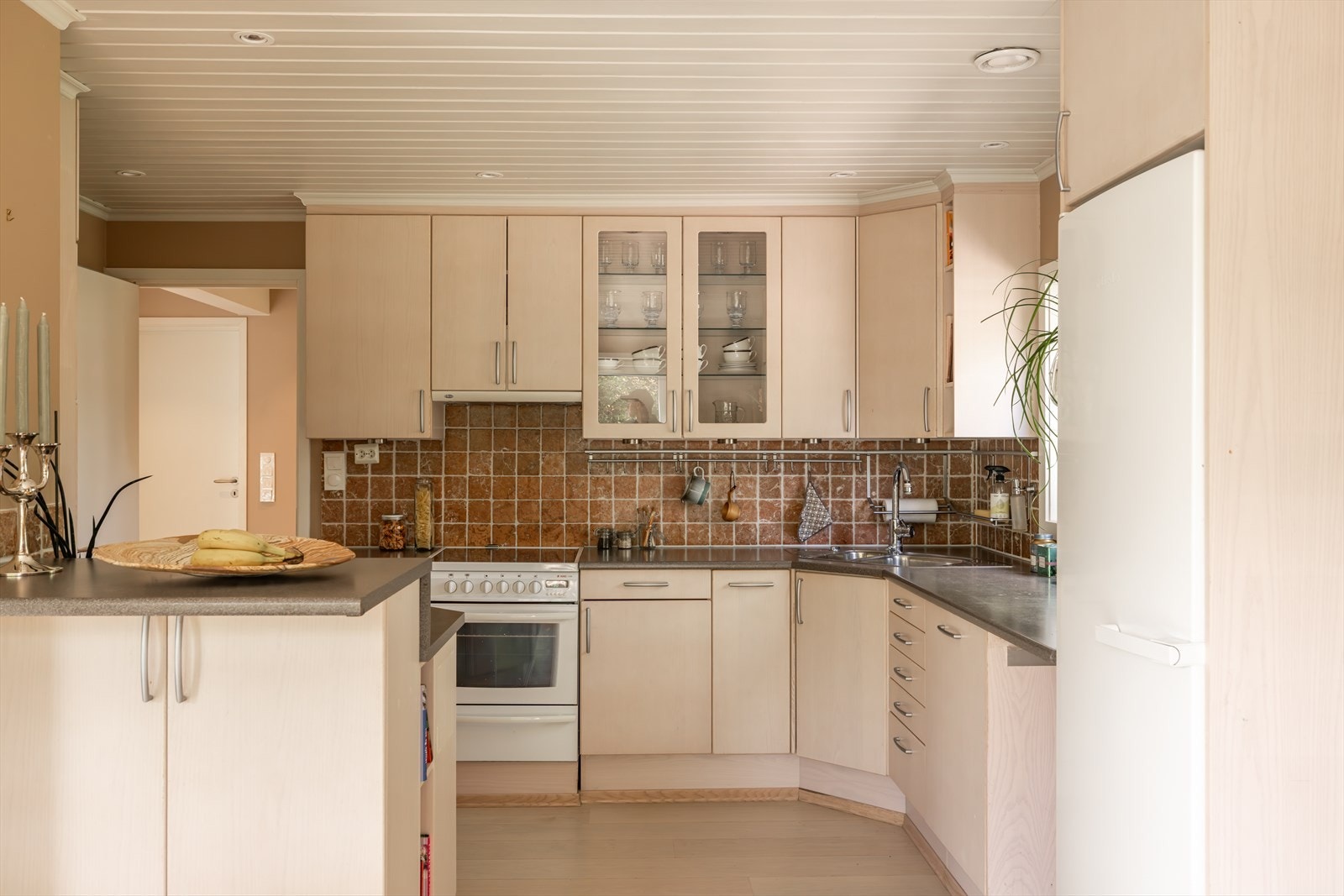 Det andre kjøkkenet er fra TVIShar en enkel og funksjonell innredning med hvite fronter, laminatbenk og ventilator med kanal og avtrekk, samt plass til kjøleskap. Galleribilde