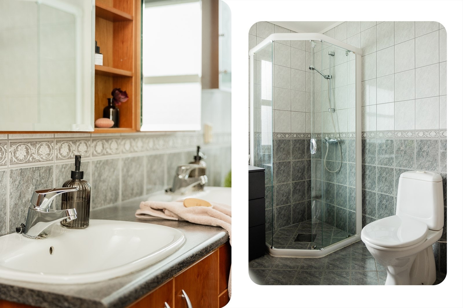 Badet er på 7,6 m² med flisbelagt gulv og vegger. Galleribilde