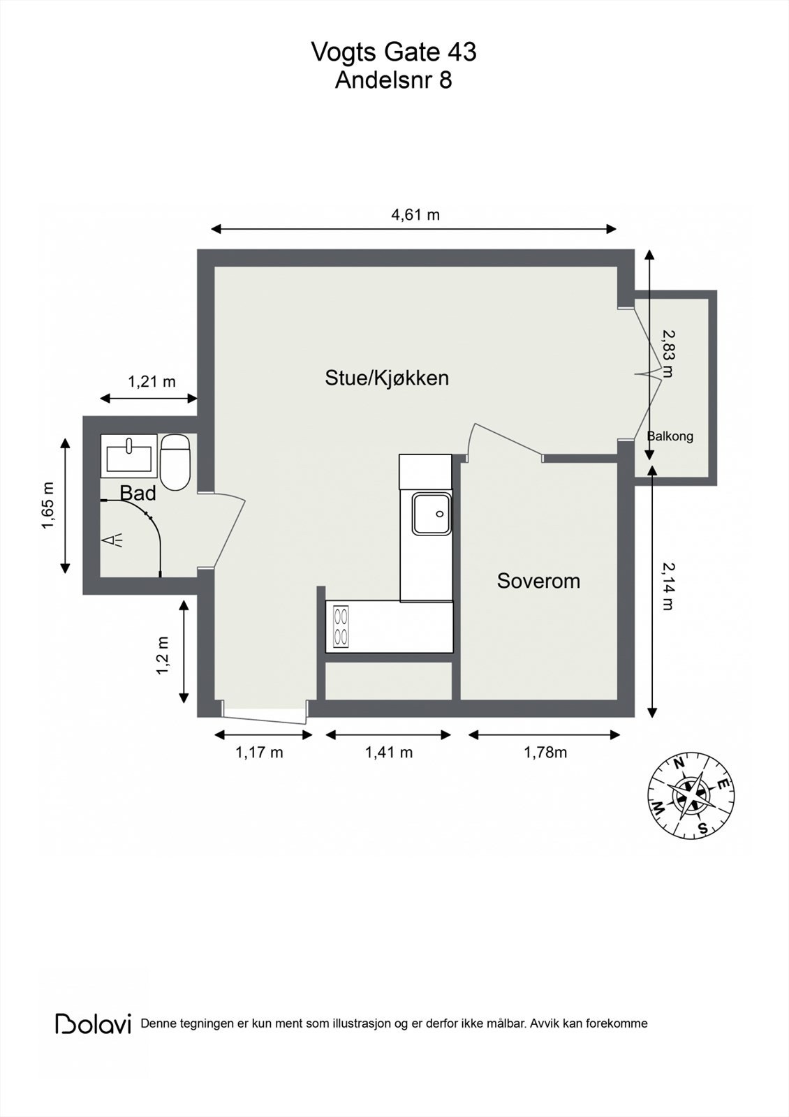 Leiligheten har en arealeffektiv planløsning med stue/kjøkken, soverom og bad. Balkongen er østvendt og måler 2,6 meter i lengde. Galleribilde