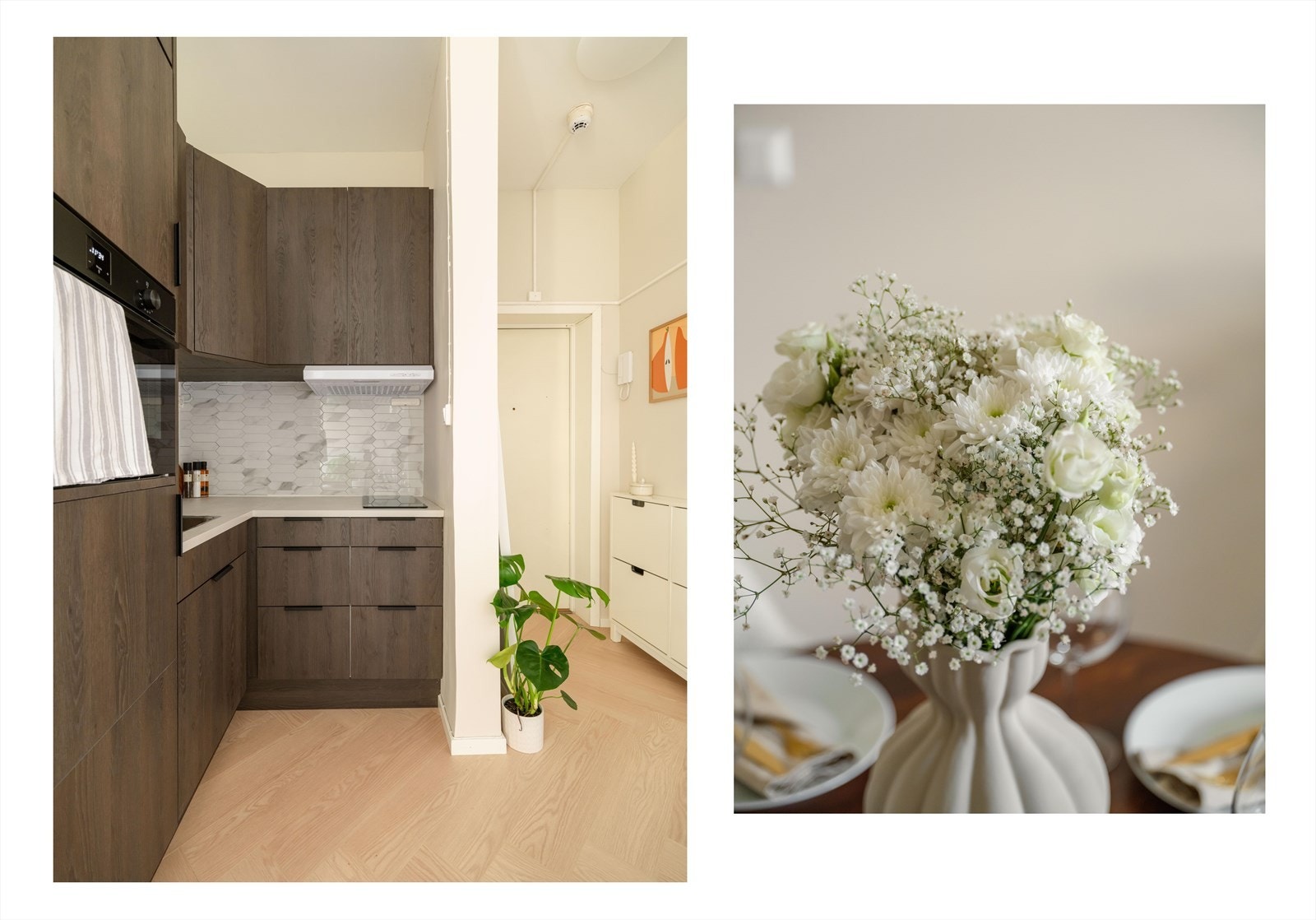 Norema kjøkkeninnredning fra 2025 med over- og underskap og laminert benkeplate med nedfelt vask og platetopp. Det er fliser over benkeplaten. Galleribilde