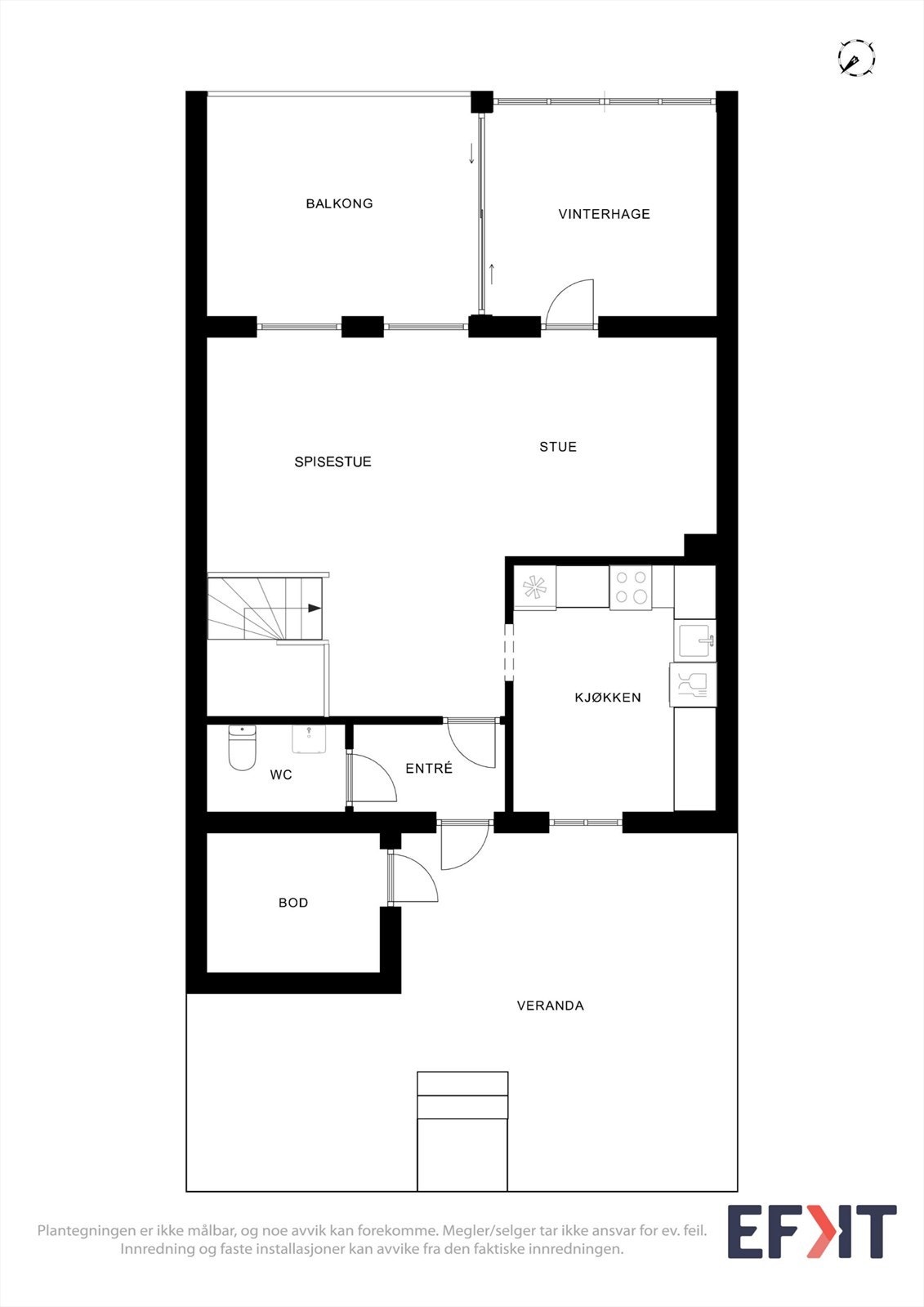 Hovedetasjen rommer entré, toalettrom, kjøkken og en romslig stue med utgang til balkong. Galleribilde